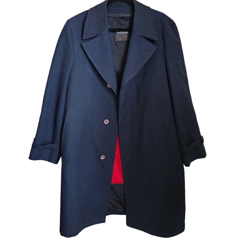 Vintage Rainfair Rain Topcoats Long mens Size 42 Navy Blue Red Liner‎